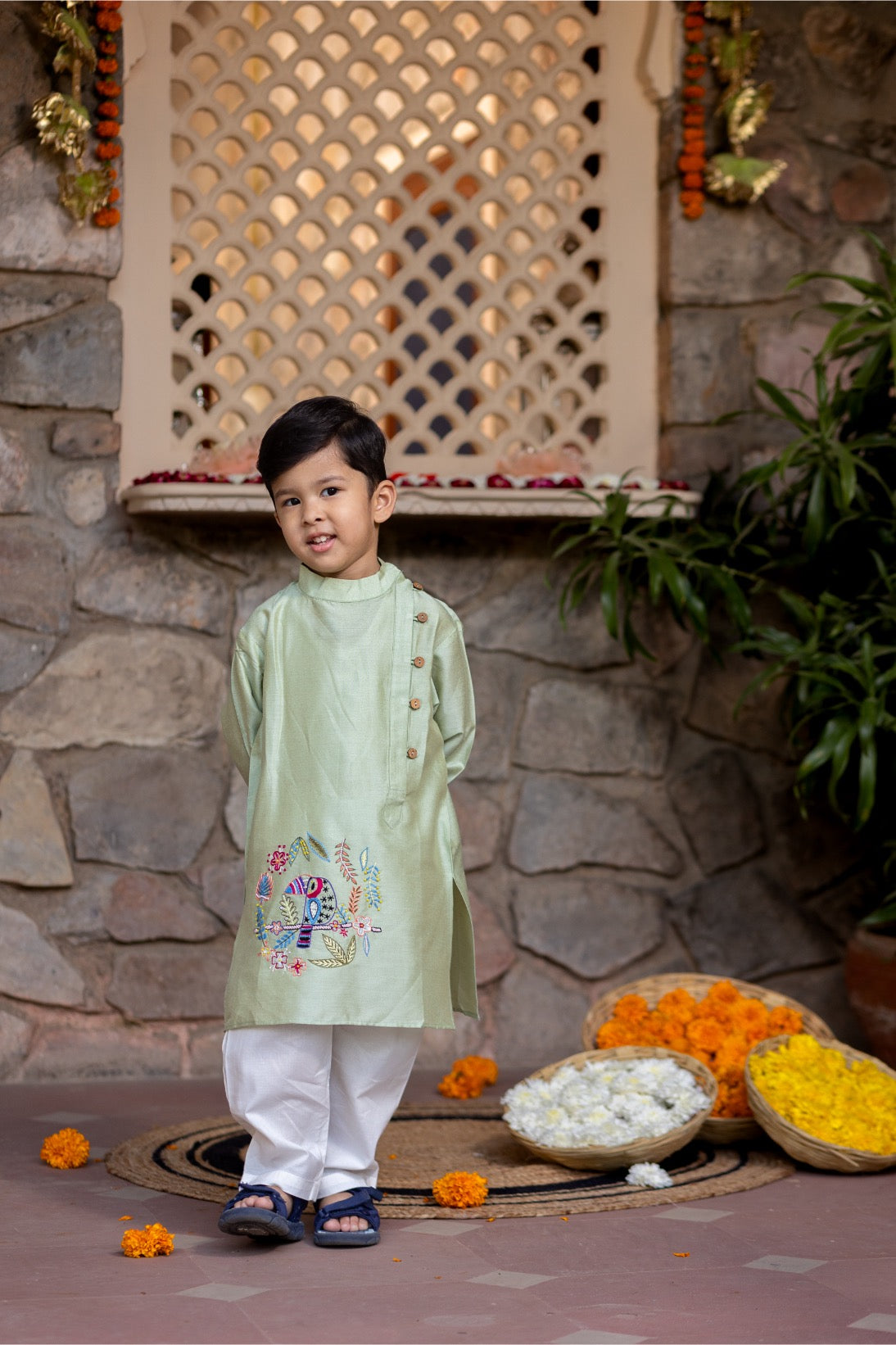 Mint Bird Motif Kurta