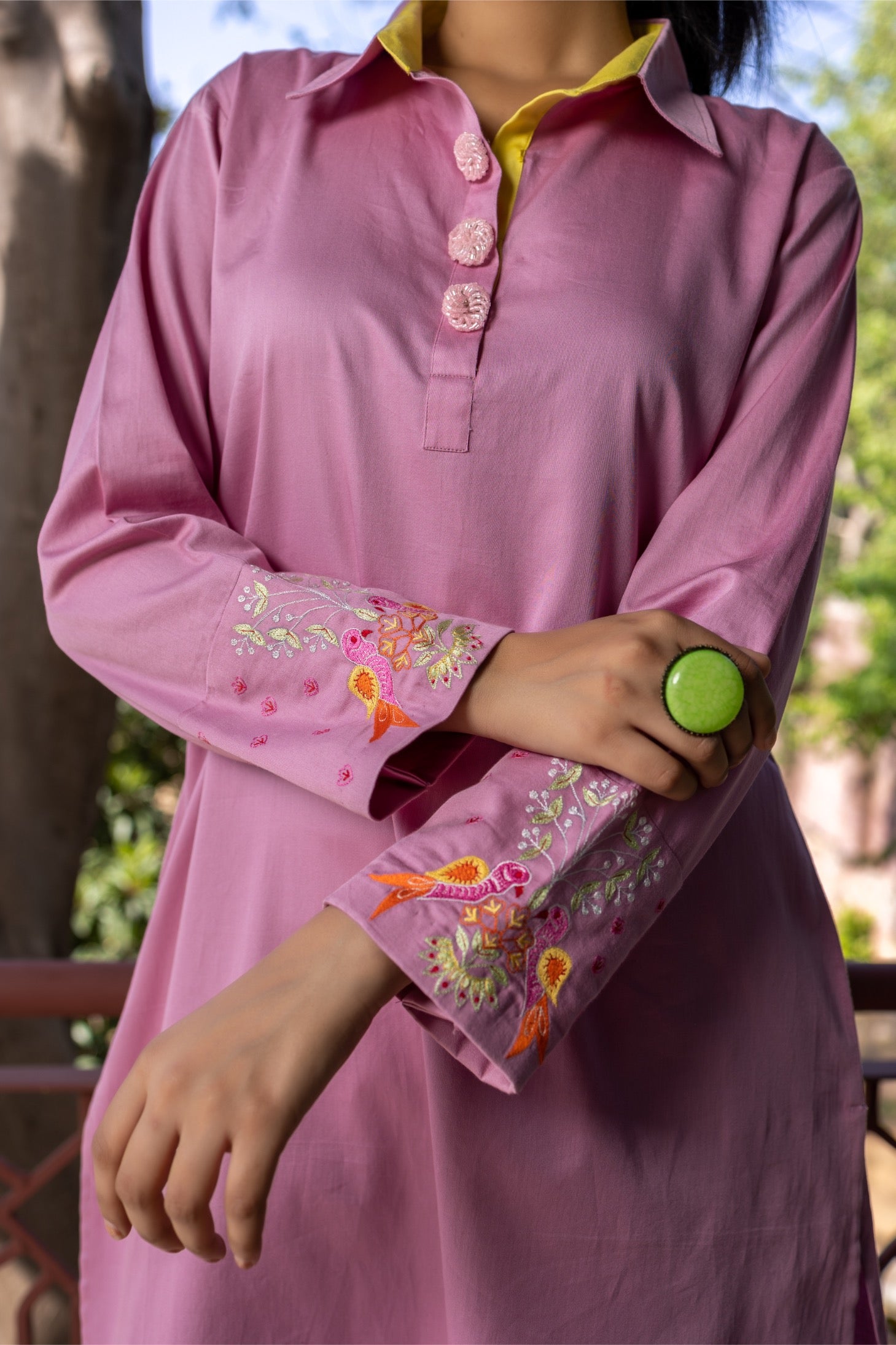 Glaze‑Cotton Kurta with Embroidered Cuffs