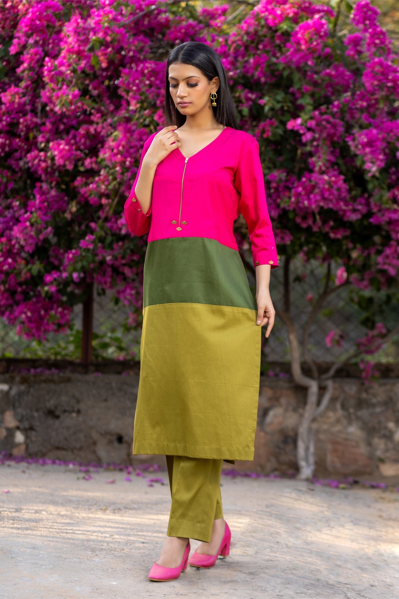 Colour‑Block Kurta – Glaze Cotton