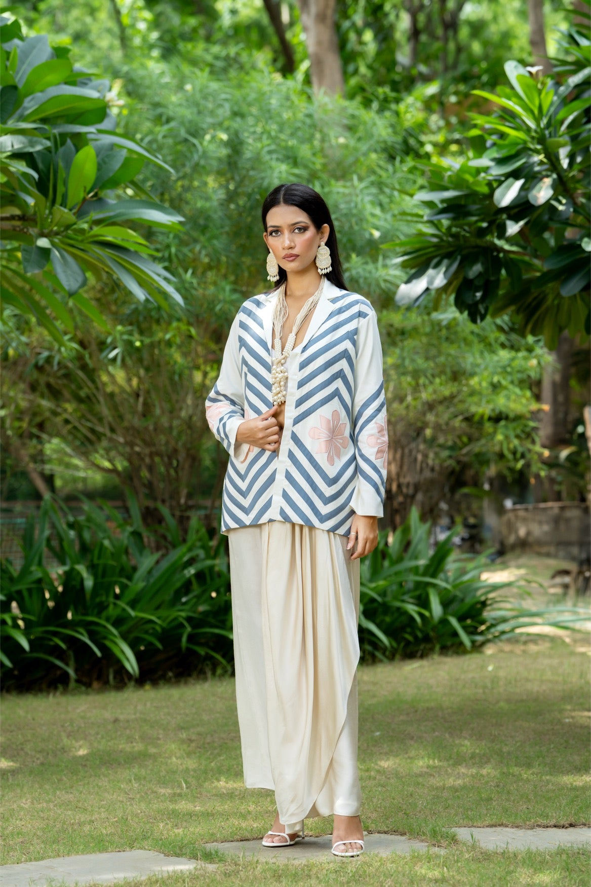 Aanchkala Jacket & Drape Skirt Set – Off‑white & Grey