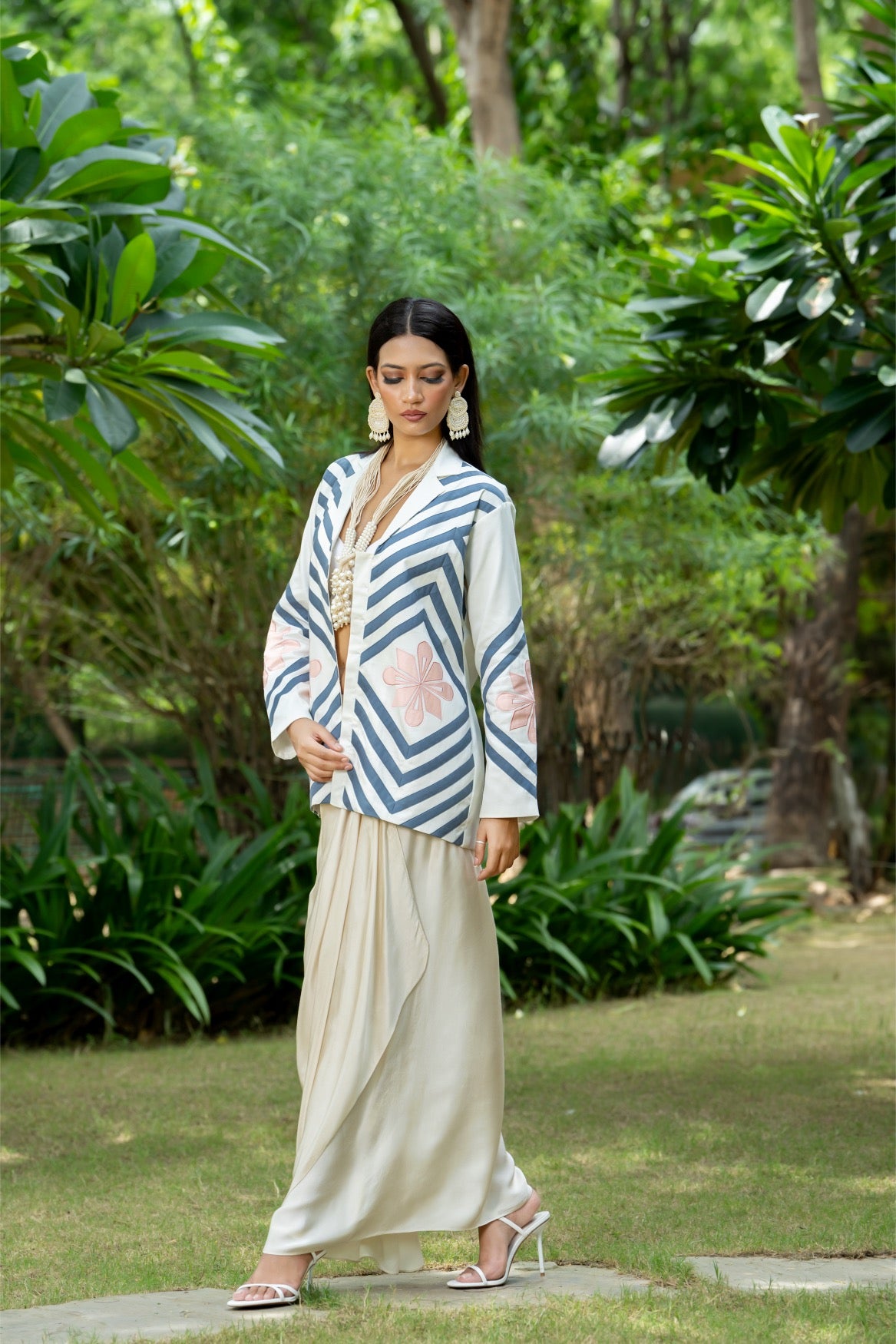 Aanchkala Jacket & Drape Skirt Set – Off‑white & Grey