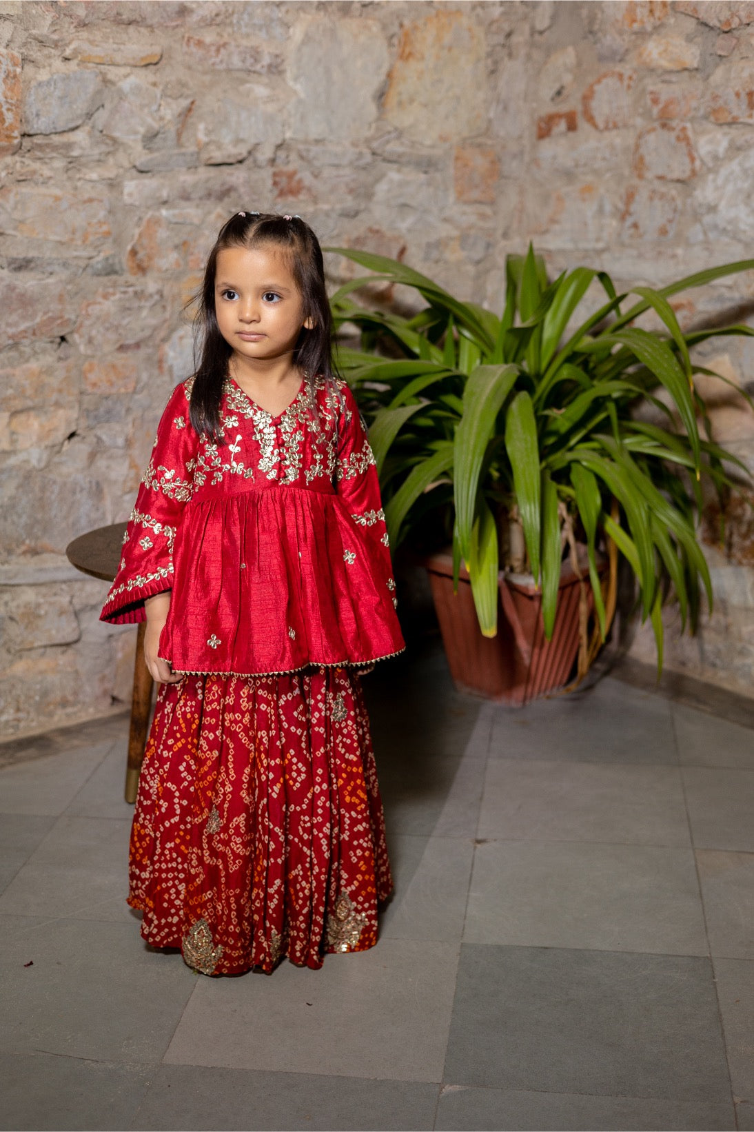 Red Bandhani Skirt with Gota Peplum