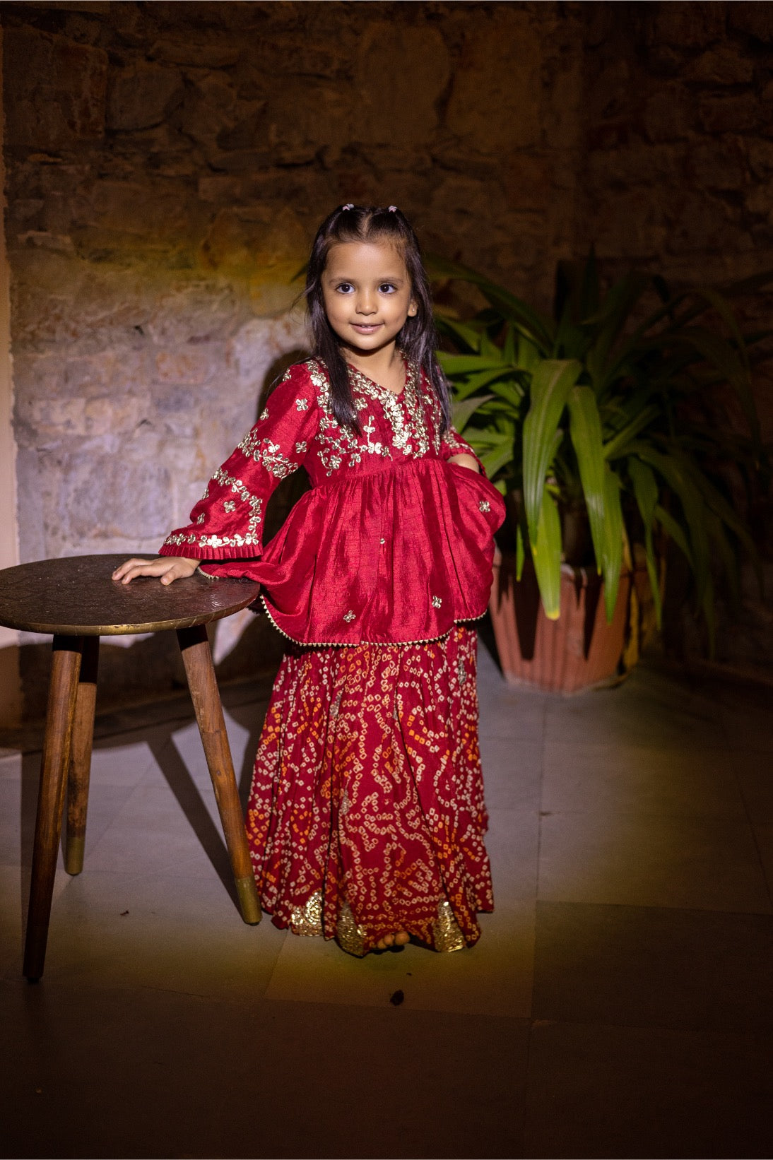 Red Bandhani Skirt with Gota Peplum