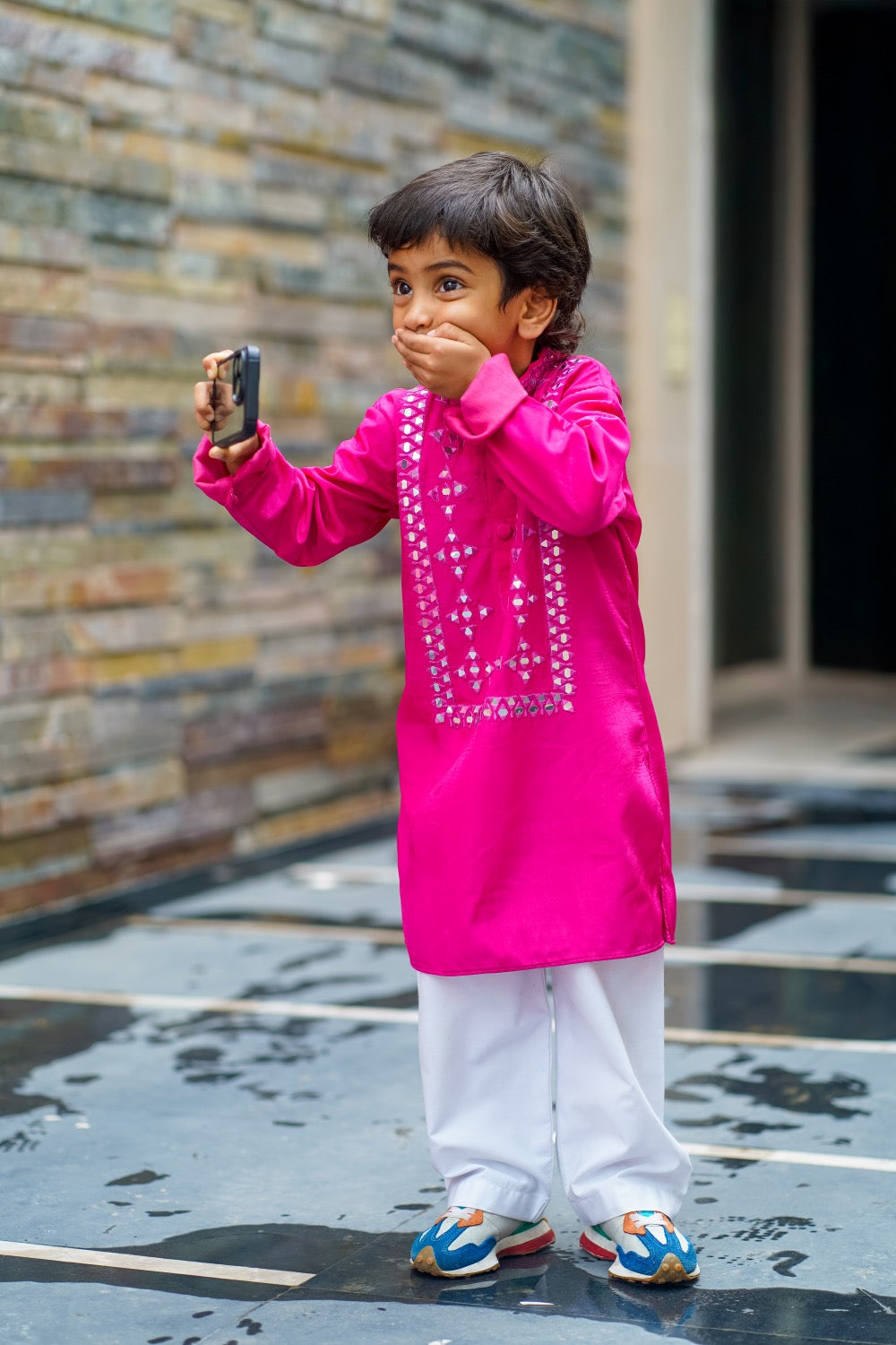 Fuchsia Mirror Work Kurta